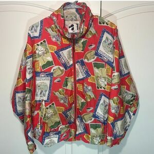 Vintage Activology Silk Jacket Tourist Print Postcard Stamp Novelty 90s Bomber M
